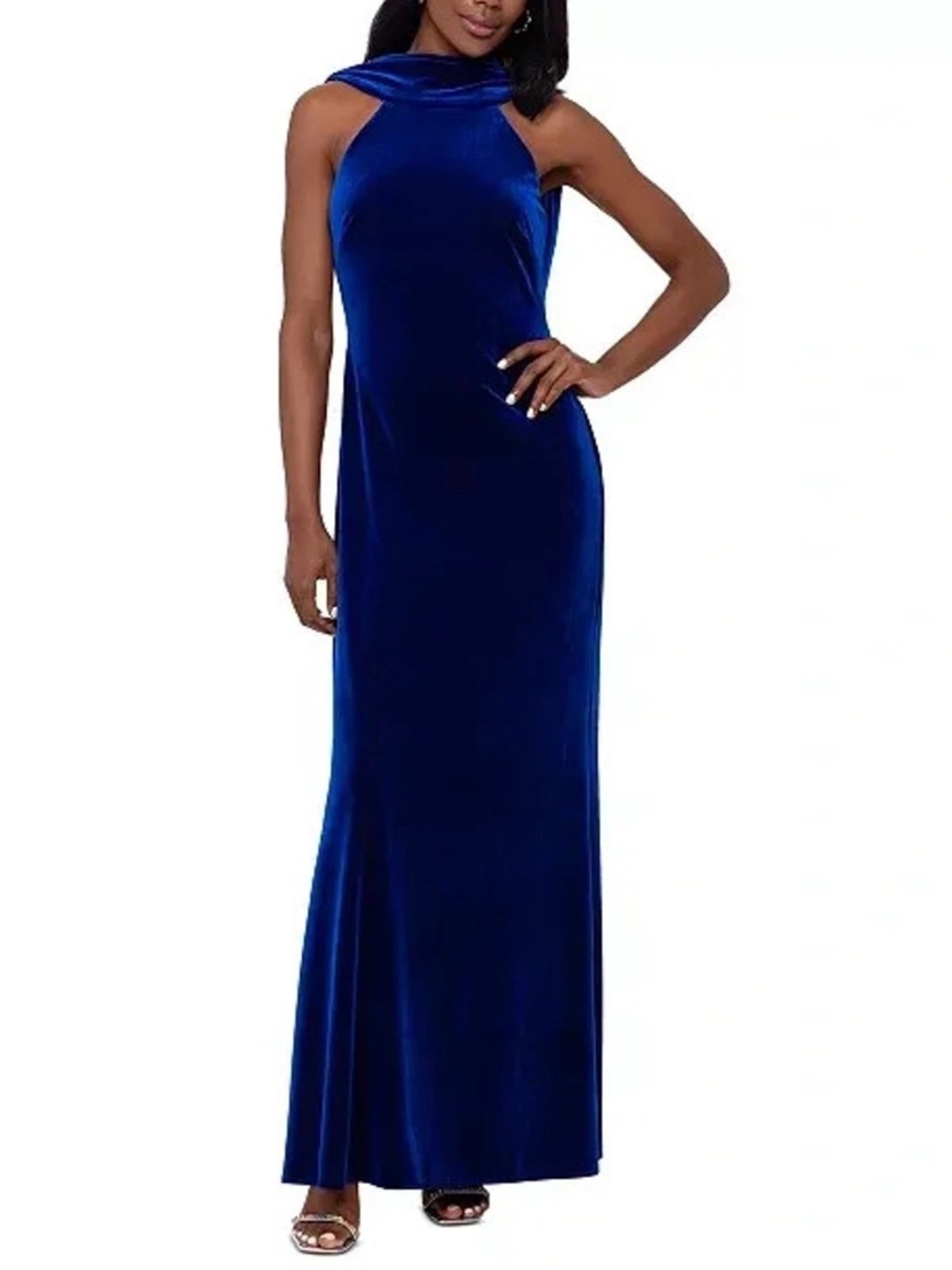 BETSY & ADAM Royal Blue Velvet High Neck Open Low Back Maxi Formal Gown Dress 2